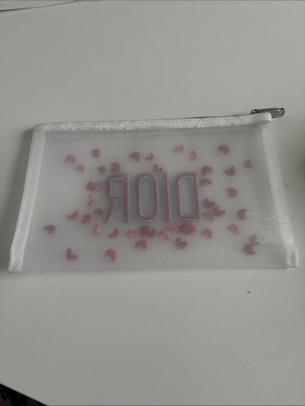 New Dior White Mesh Pouch with Pink and Fuchsia Embroidery - Picture 2 of 3